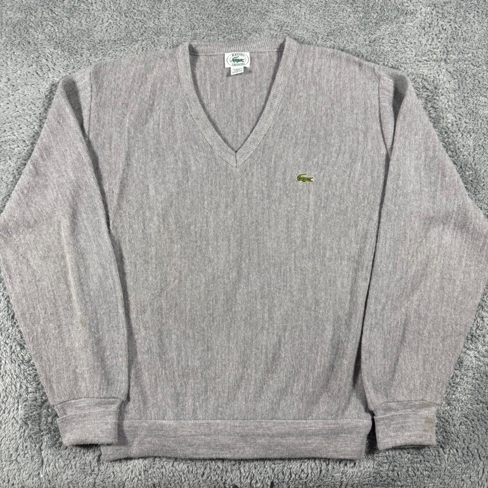 VTG 70s Izod Lacoste V Neck Sweater Mens Medium Gray Acrylic Knit Made in USA